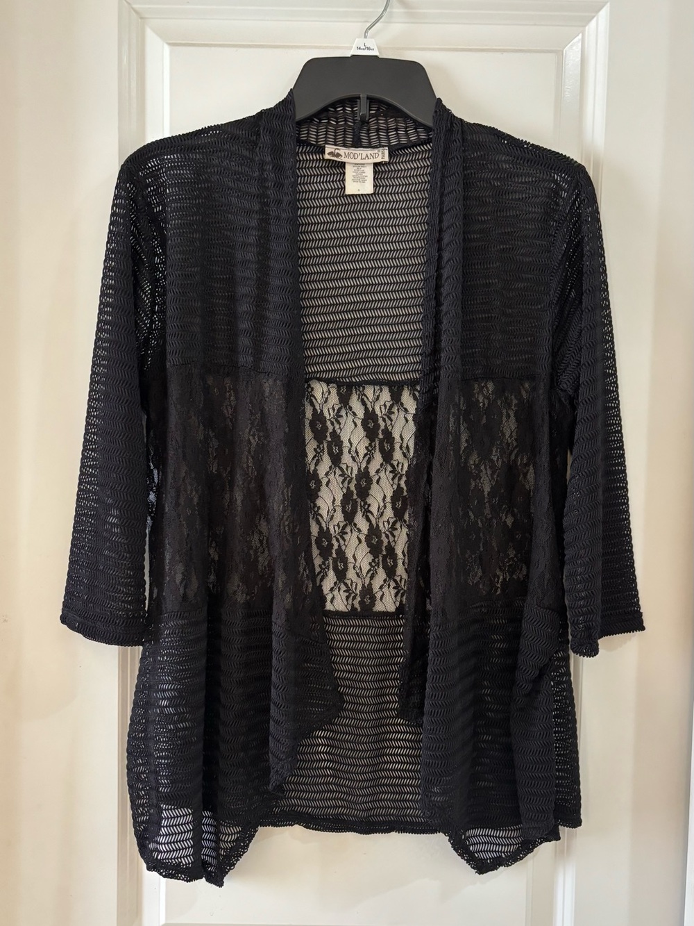 Black Lace Sheer Knit Open-Front Kimono S